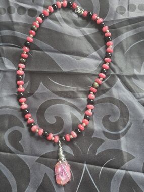 Pink Dyed Stone Bead Necklace with Wire-Wrapped Dyed Pink Quartz Pendant